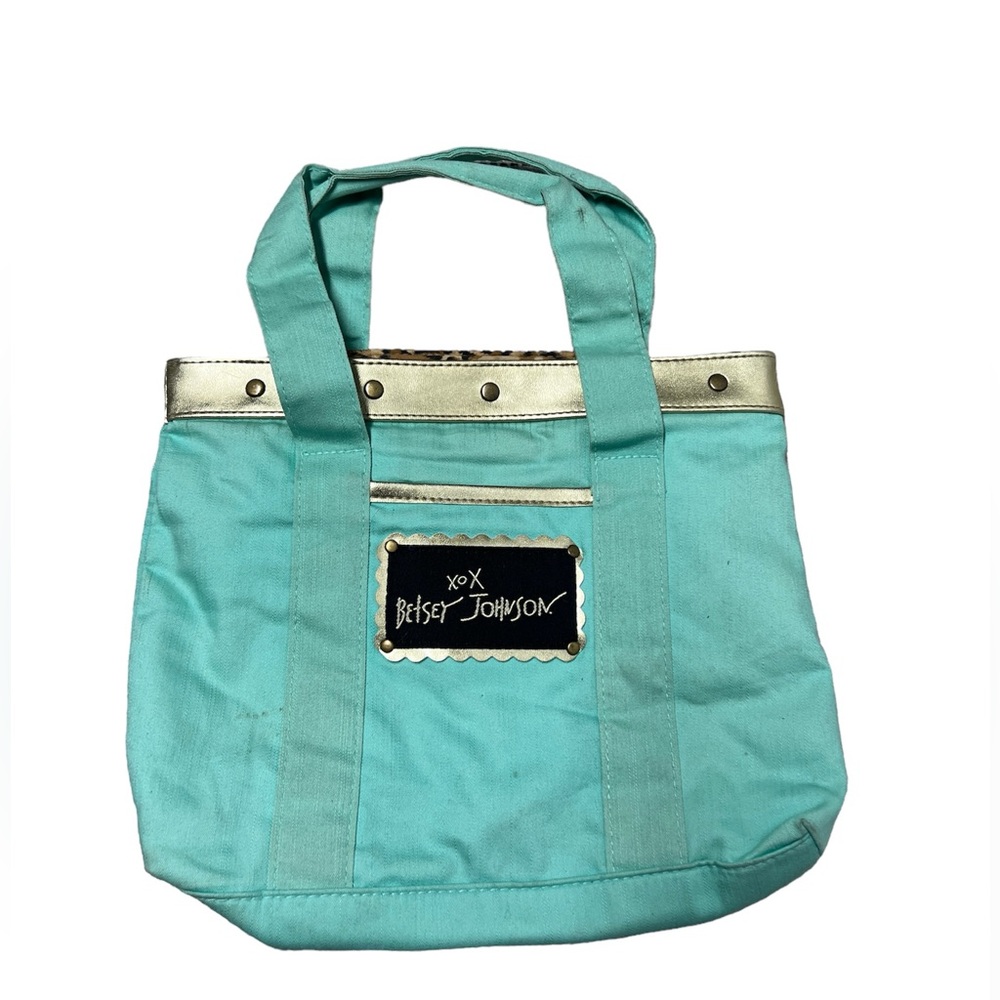 Betsey Johnson x Redken Teal green gold animal print interior Canvas mini Tote